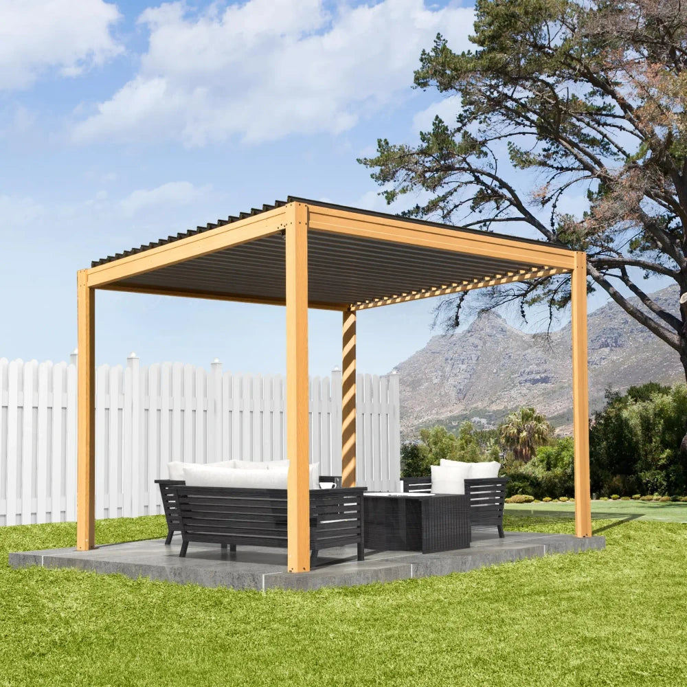Wood Grain Aluminum Frame Louvered Pergola